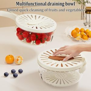 Kitchen Fruit Drainage Basket with Lid – Multi functional Dual-Layer Bowl for Washing, Draining & Storing Fruits and Vegetables, Foldable Handle Design, White