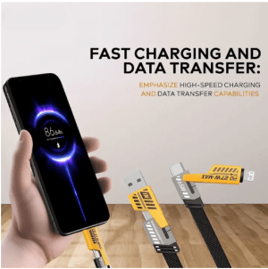 4 in 1 Data Cable – USB-C & Lightning Connectors, Braided Durable Design, Fast Charging & Data Transfer, Black with Yellow Connectors (Without Box)