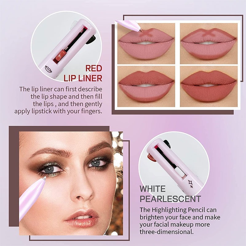 4 in 1 Waterproof Makeup Pen Eyebrow Pencil Long Lasting Easy Lip Color Liner Highlight Lying Silkworm Eyeliner Pen Makeup Tools (Random Color)