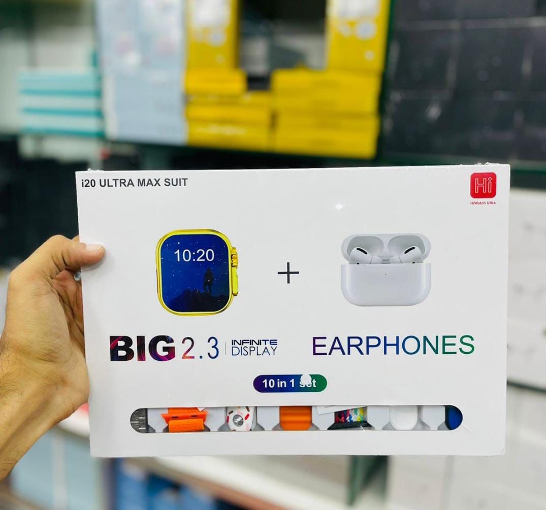 I20 Ultra Max suit Smart Watch 10 in 1 box 2.3inch large  screen with 7 strips smartwatch With Airpords 2 (random color)