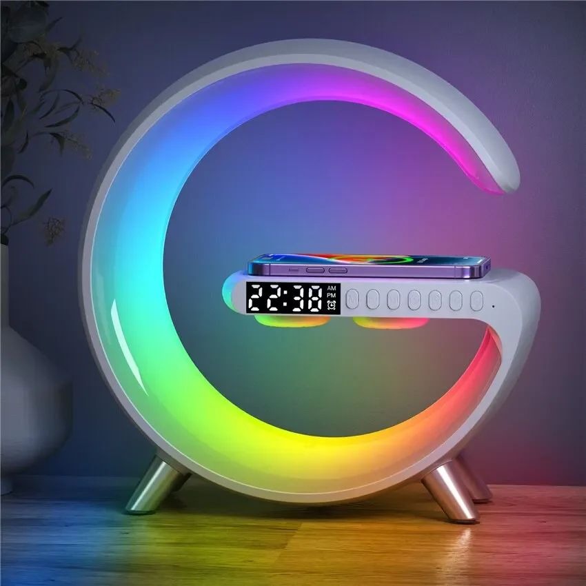 G63 RGB Light Bluetooth Speaker with 10W wireless charging  4 in 1 LED Atmosphere RGB Night Light Alarm Clock Desk Lamp Bluetooth Speaker Wireless Charging Modern