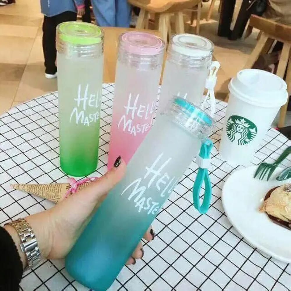 Frosted Glass Water Bottle With Hello Master Decal Logo - 400ml (Random color)