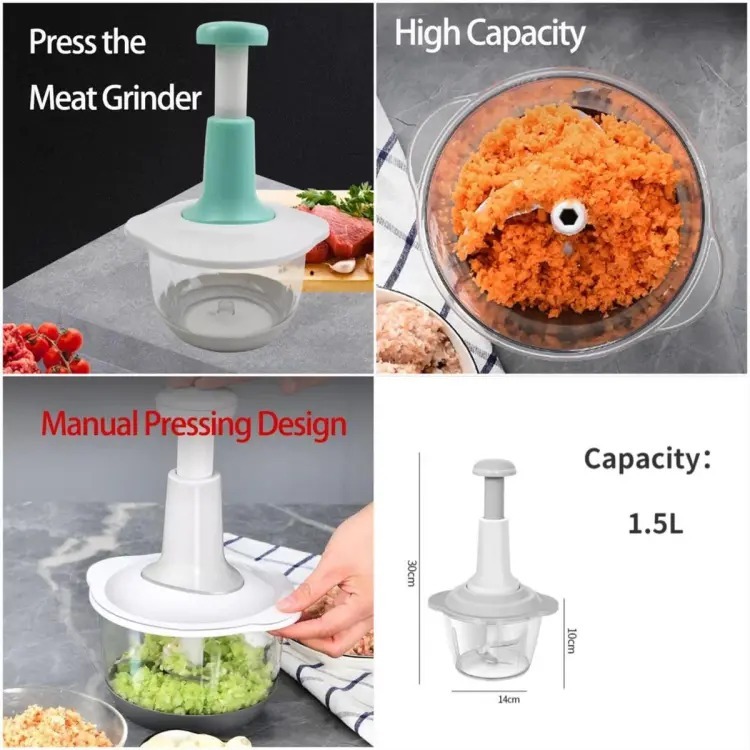 Manual Hand Push Chopper | Multi-functional Vegetable Meat Grinder, Grater, Chopper - 1.5 Liter (Random Color)