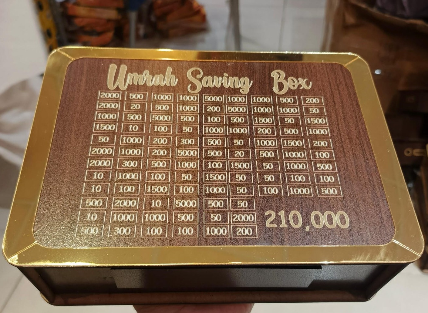 WhatsApp-Image-2025-04-30-at-9.04.33-PM.jpeg Umrah Saving Box - Box For Umrah Saving | Umrah Saving Box - Best Quality Umrah Saving Box - Umrah Saving Box Dark Brown, Wooden Money Box for Umrah - 210,000