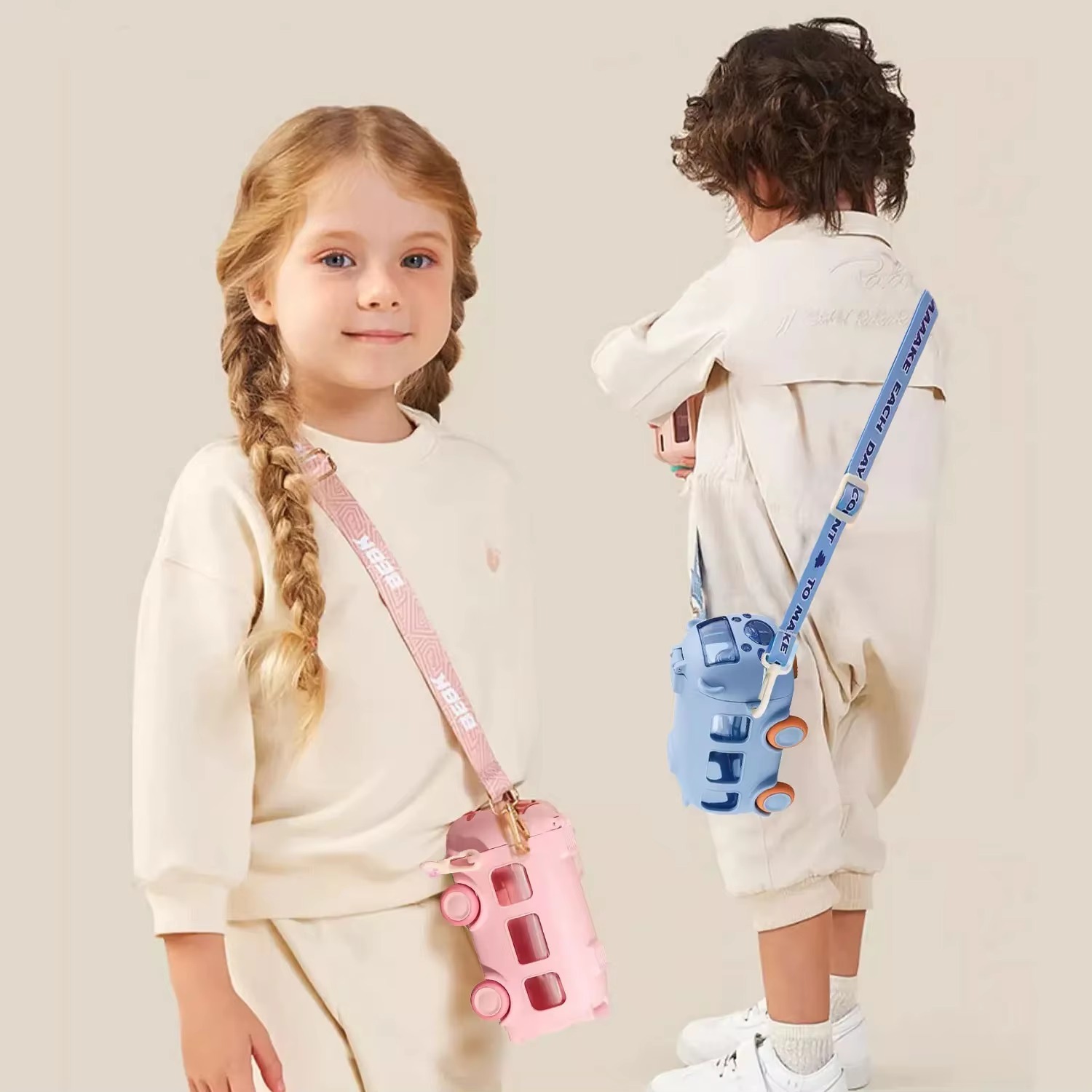 School Bus Design Kids Water Bottle With Strap– 600ml ABS Plastic Leak-Proof Bottle Small Square Drinking Cup – Fun & Durable Water Bottle for Children (Random Color)