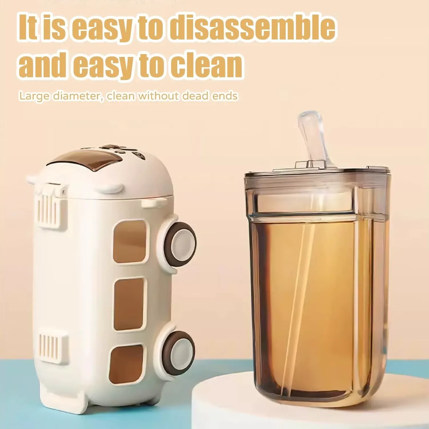 School Bus Design Kids Water Bottle With Strap– 600ml ABS Plastic Leak-Proof Bottle Small Square Drinking Cup – Fun & Durable Water Bottle for Children (Random Color)