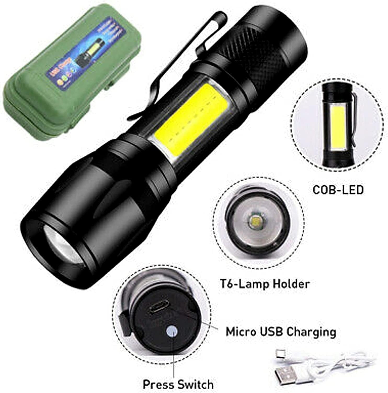 Portable LED Flashlight – Mini Rechargeable Torch with Side Light & Waterproof Body