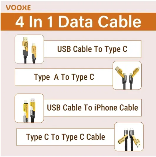 4 in 1 Data Cable – USB-C & Lightning Connectors, Braided Durable Design, Fast Charging & Data Transfer, Black with Yellow Connectors (Without Box)