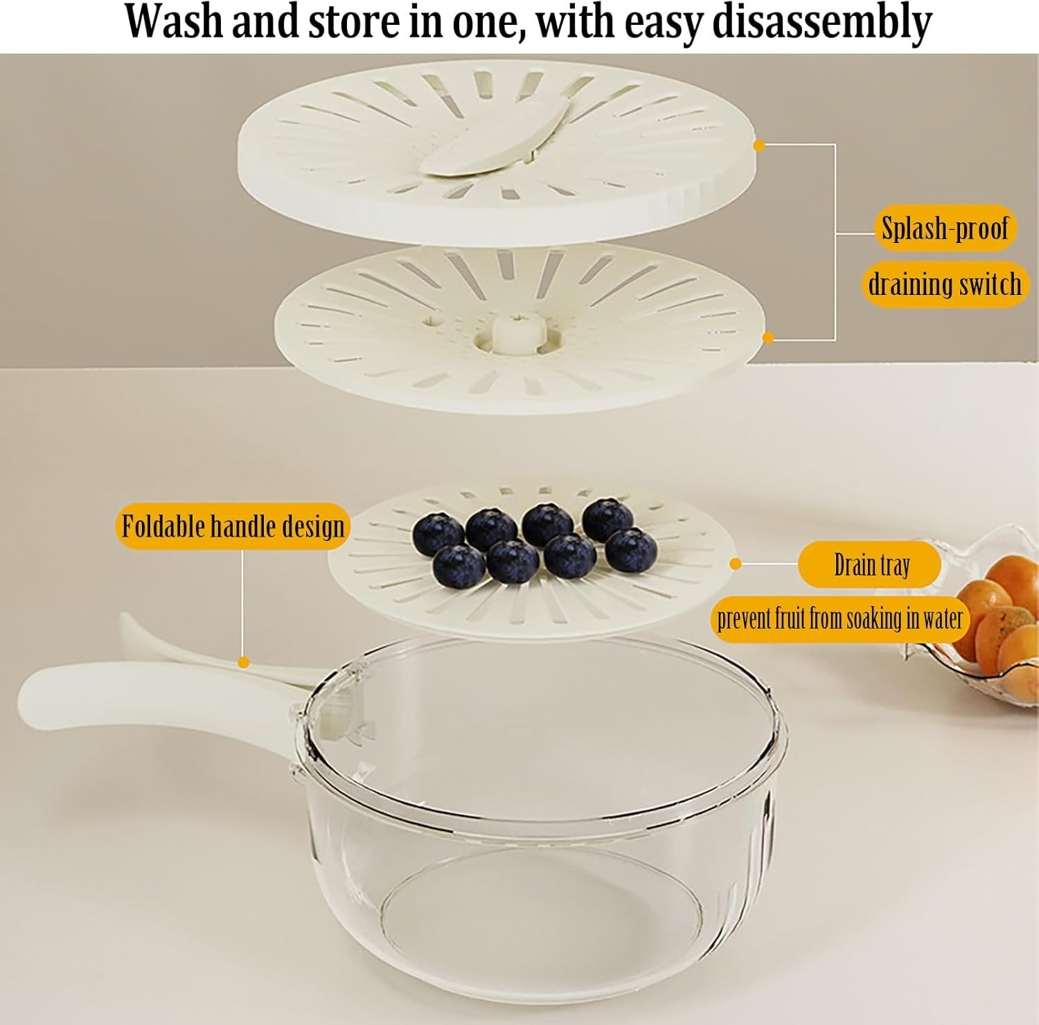 Kitchen Fruit Drainage Basket with Lid – Multi functional Dual-Layer Bowl for Washing, Draining & Storing Fruits and Vegetables, Foldable Handle Design, White