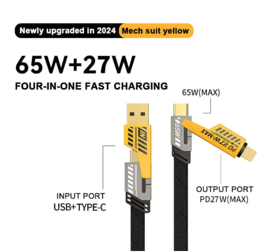 4 in 1 Data Cable – USB-C & Lightning Connectors, Braided Durable Design, Fast Charging & Data Transfer, Black with Yellow Connectors (Without Box)