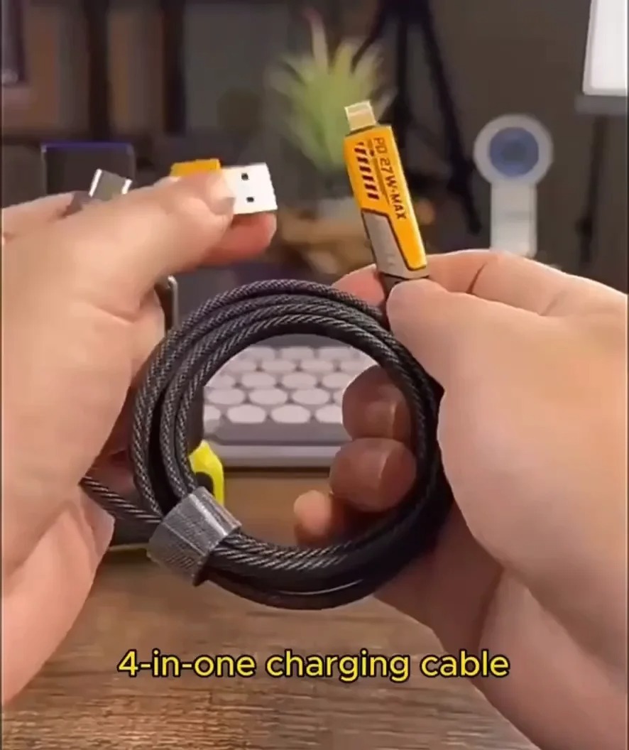 4 in 1 Data Cable – USB-C & Lightning Connectors, Braided Durable Design, Fast Charging & Data Transfer, Black with Yellow Connectors (Without Box)