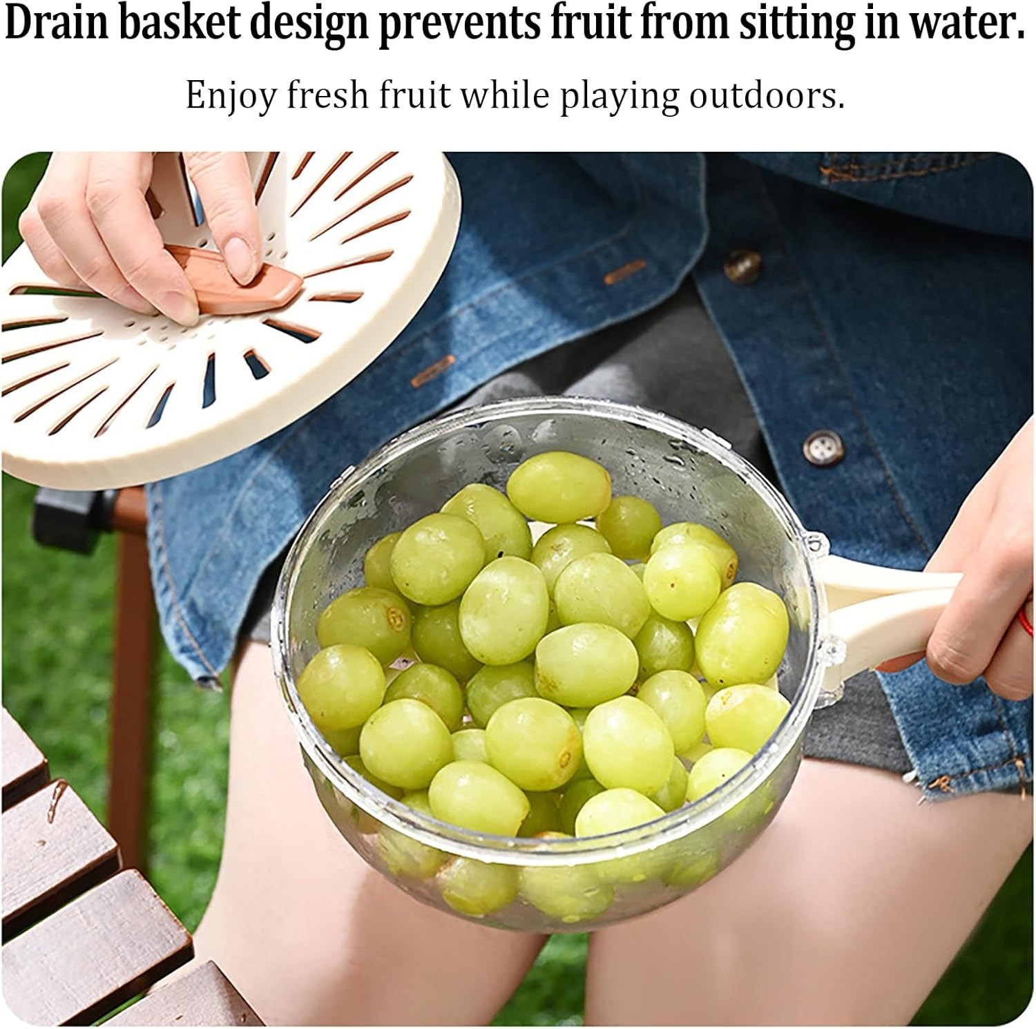 Kitchen Fruit Drainage Basket with Lid – Multi functional Dual-Layer Bowl for Washing, Draining & Storing Fruits and Vegetables, Foldable Handle Design, White