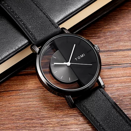T.O.M.I Half Dial Watch Leather Strap Casual Fashion for Men - light-brown - Men's Watches - Areeba Mart Pakistan