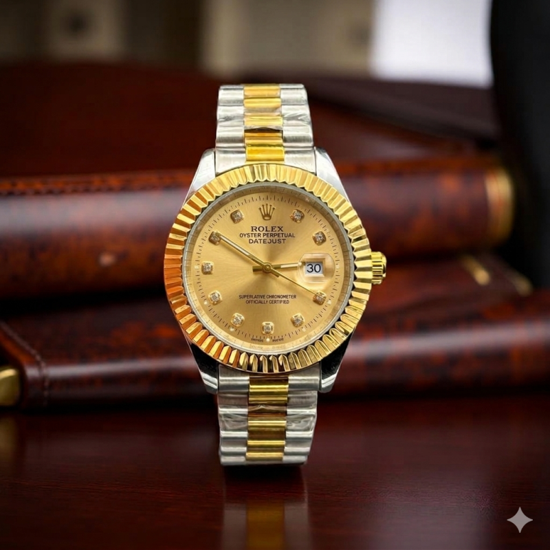 Rolex Date Just in Premium Quality Stainless Steel - 2-tone-golden-dial - Men's Watches - Areeba Mart Pakistan
