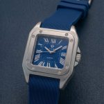 The Legacy Square   “ Silver Roman Numeral Watch with Ribbed Silicon Strap - blue
