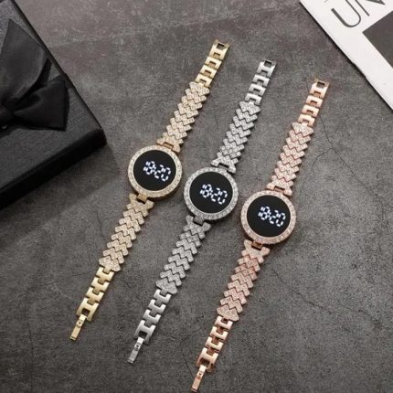 Round Digital Diamond Touch LED Watch for Women Girls - Silver